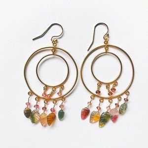 Watermelon tourmaline gemstone leaf  14k earrings